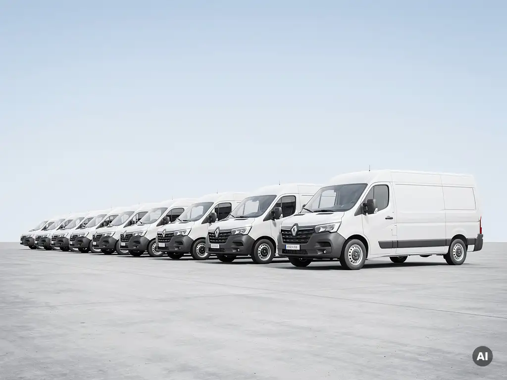 Rij identieke witte bestelwagens geparkeerd op een open terrein, gefotografeerd vanuit een laag perspectief tegen een lichtblauwe lucht.