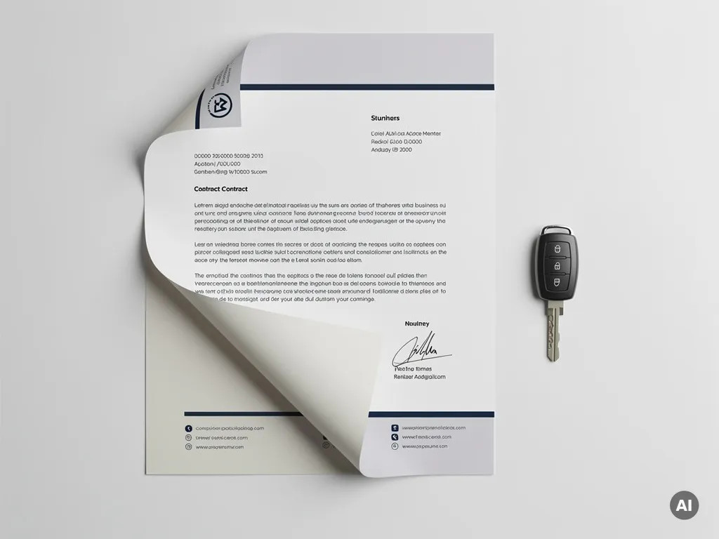 Ondertekend zakelijk huurcontract met omgevouwen hoek en autosleutel op wit bureau, symboliseert beëindiging van leaseovereenkomst.