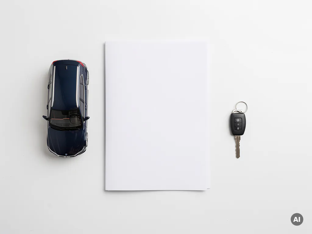 Zakelijke auto naast Nederlandse belastingmap met autosleutel op wit oppervlak, vlakke bovenaanzicht compositie.