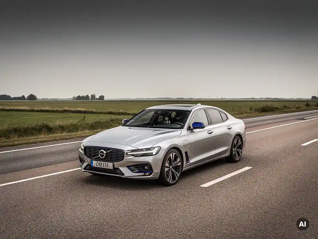 Zilveren leaseauto geparkeerd op een Nederlandse snelweg, met vlak polderlandschap en bewolkte lucht op de achtergrond.