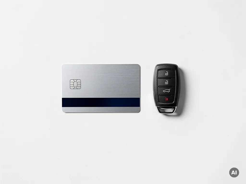 Zakelijke creditcard en autosleutel op wit bureau, minimalistische flatlay met zilveren en donkerblauwe tinten.