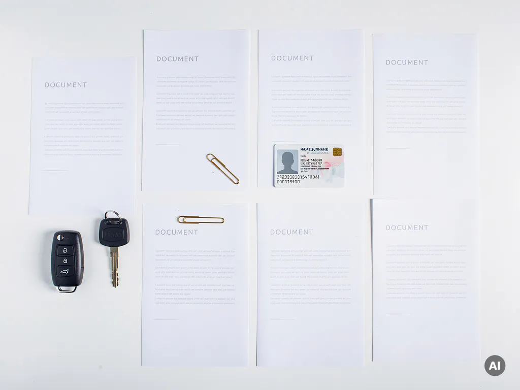 Zakelijke documenten, rijbewijs en autosleutel op wit bureau in strakke bovenaanzicht compositie.