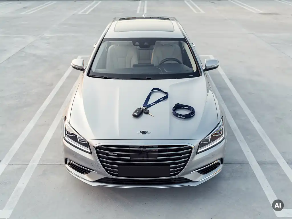 Zakelijke sedan geparkeerd op een lege parkeerplaats met autosleutels op de motorkap en een bedrijfslanyard ernaast.