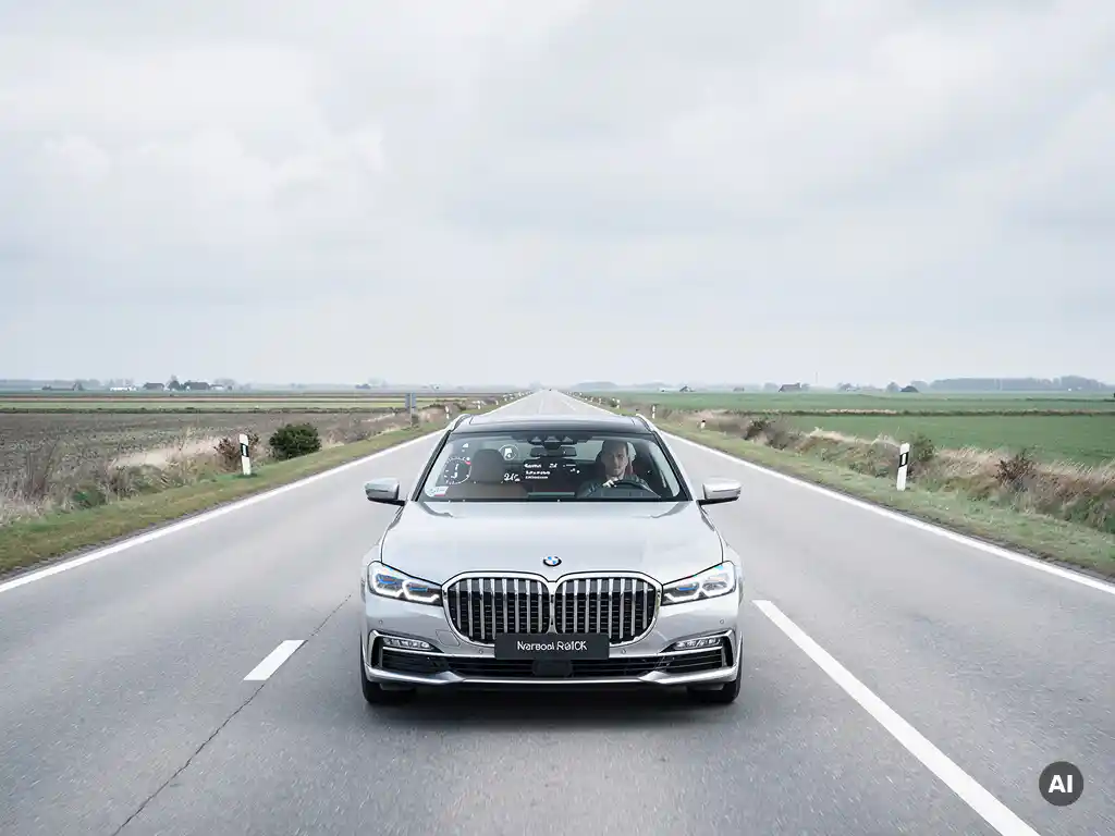 Zilveren zakelijke sedan op Nederlandse snelweg met vlak polderlandschap en bewolkte lucht op de achtergrond.