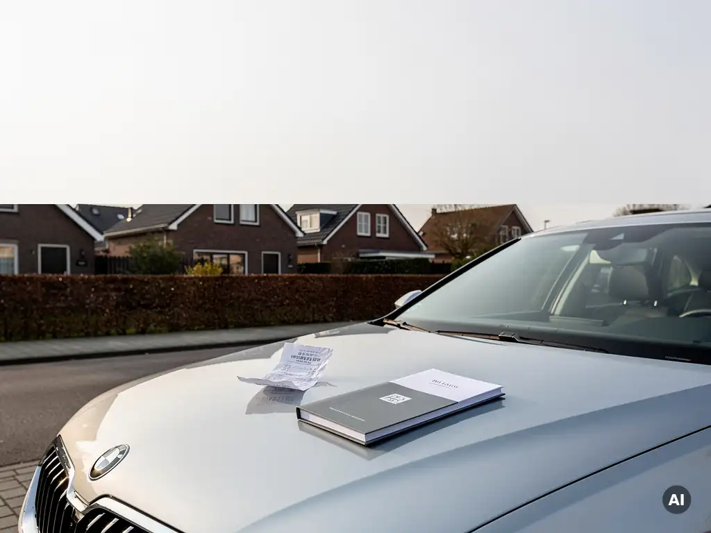 Zilveren sedan geparkeerd in Nederlandse woonwijk met bon en zakelijke map op de motorkap, zachte natuurlijke belichting.